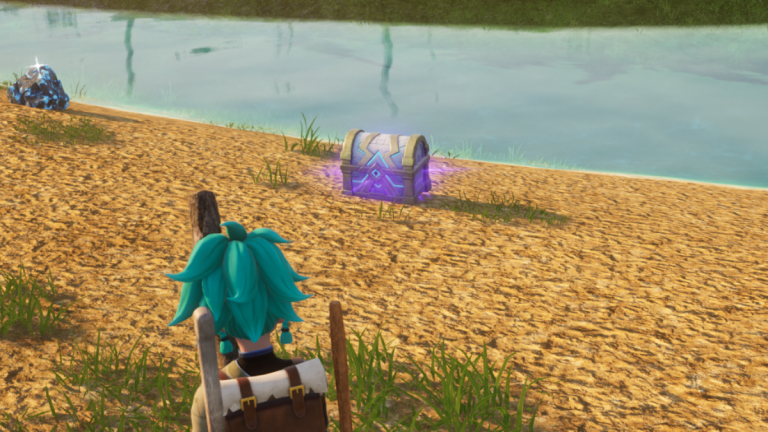 Purple chest in Palworld on a beach.