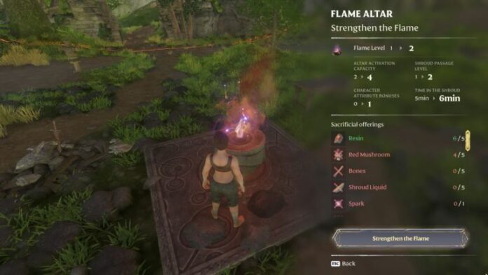 The player upgrading their flame altar flame in Enshrouded