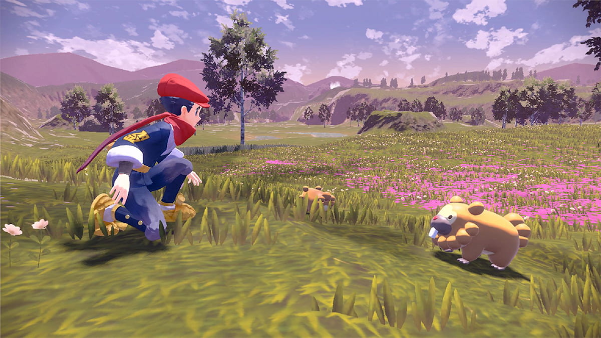 Légendes Pokémon, joueur d'Arceus regardant un Pokémon dans une vallée herbeuse