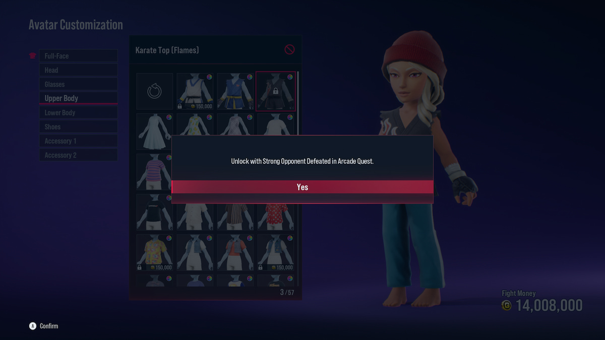 L'écran de personnalisation de l'avatar, montrant un haut de karaté verrouillé qui nécessite de battre un adversaire puissant.