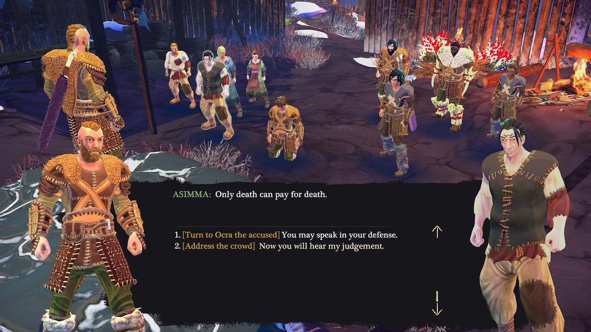 le personnage du joueur, en colère, parlant à sa tribu et décidant