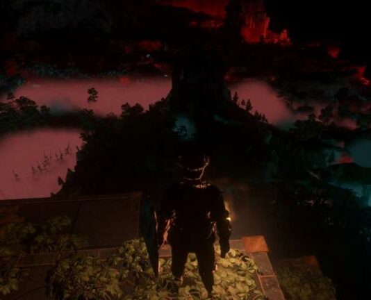 The player looking over the Shroud at night in Enshrouded