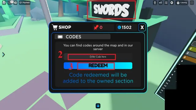 Menu des codes de la boutique d'épées TOD