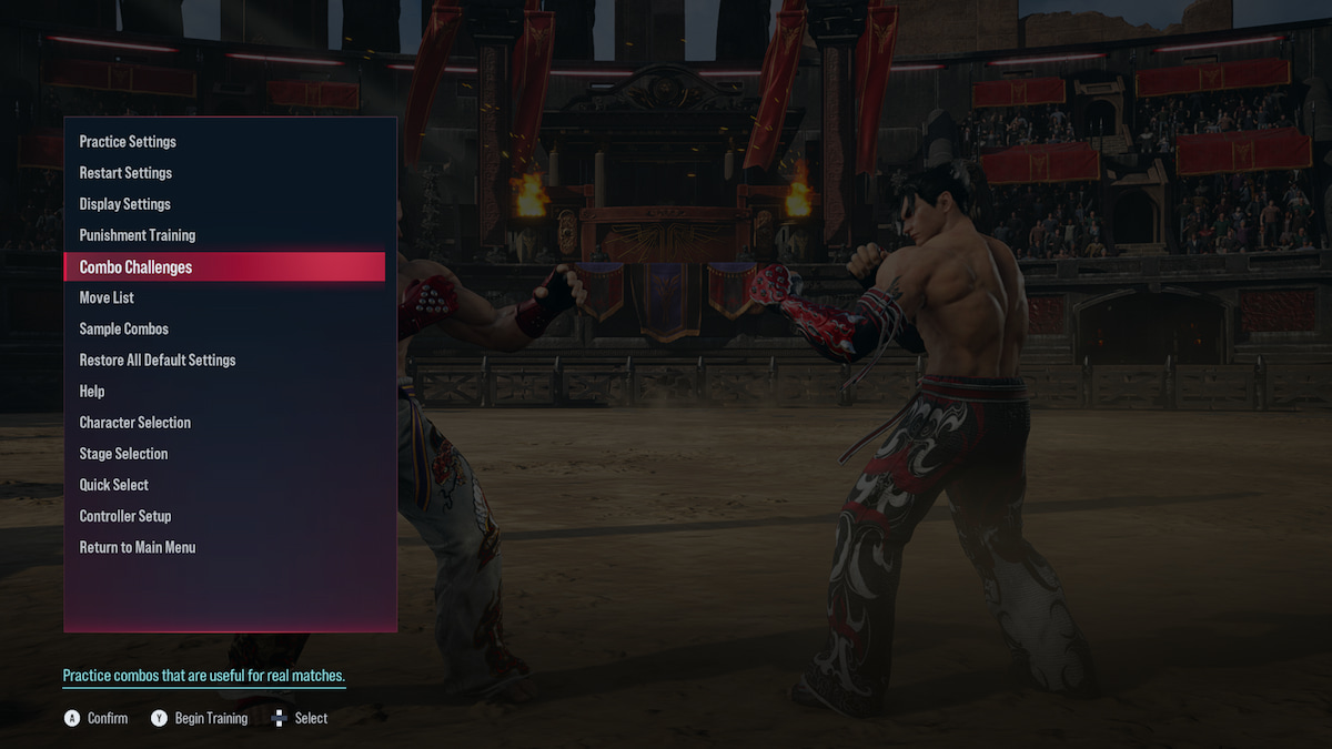 Le menu de pause de Tekken 8 affichant les défis combo pendant le mode Entraînement.