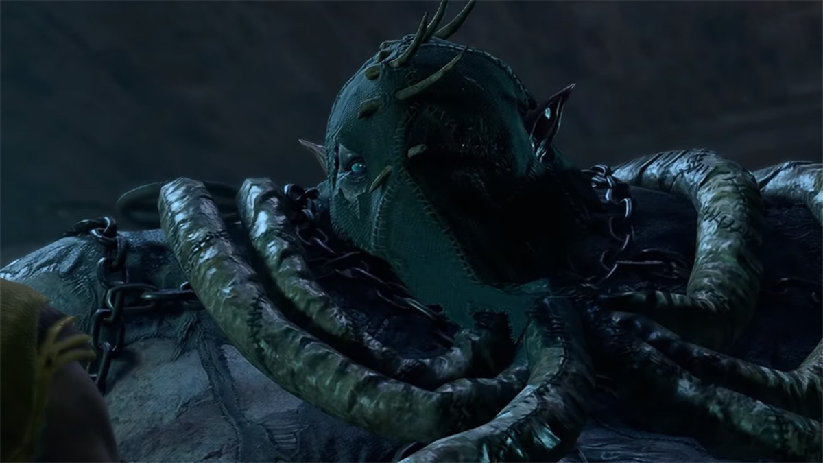 un humanoïde grotesque avec un sac sur la tête et des tubes sortant de sa bouche dans Baldurs Gate 3