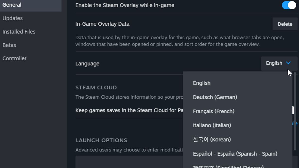 Le menu Steam pour changer de langue dans Palworld