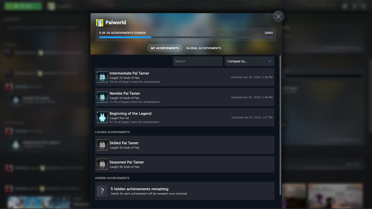 Liste des réalisations de Palworld Steam.