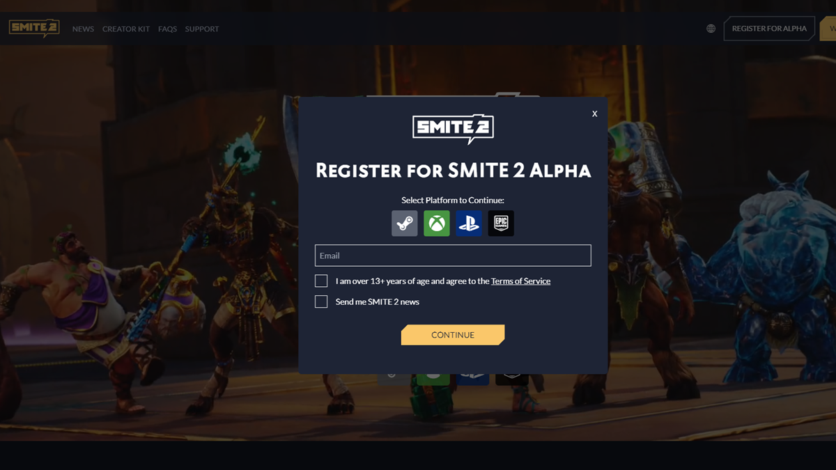 La boîte contextuelle d'inscription au test de jeu alpha de Smite 2 avec champ e-mail sur le site Web du jeu.