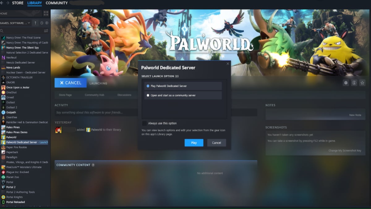 Bibliothèque de jeux Steam exécutant l'outil de serveur dédié Palworld