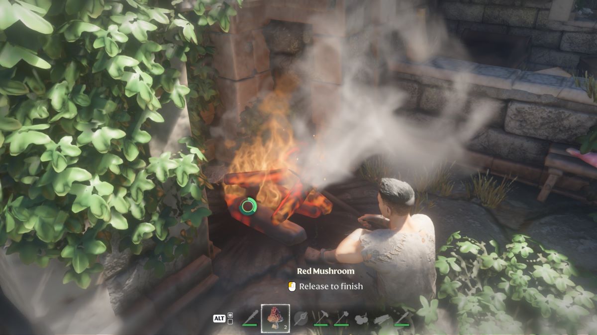 Le joueur cuisinant des champignons rouges dans Enshrouded