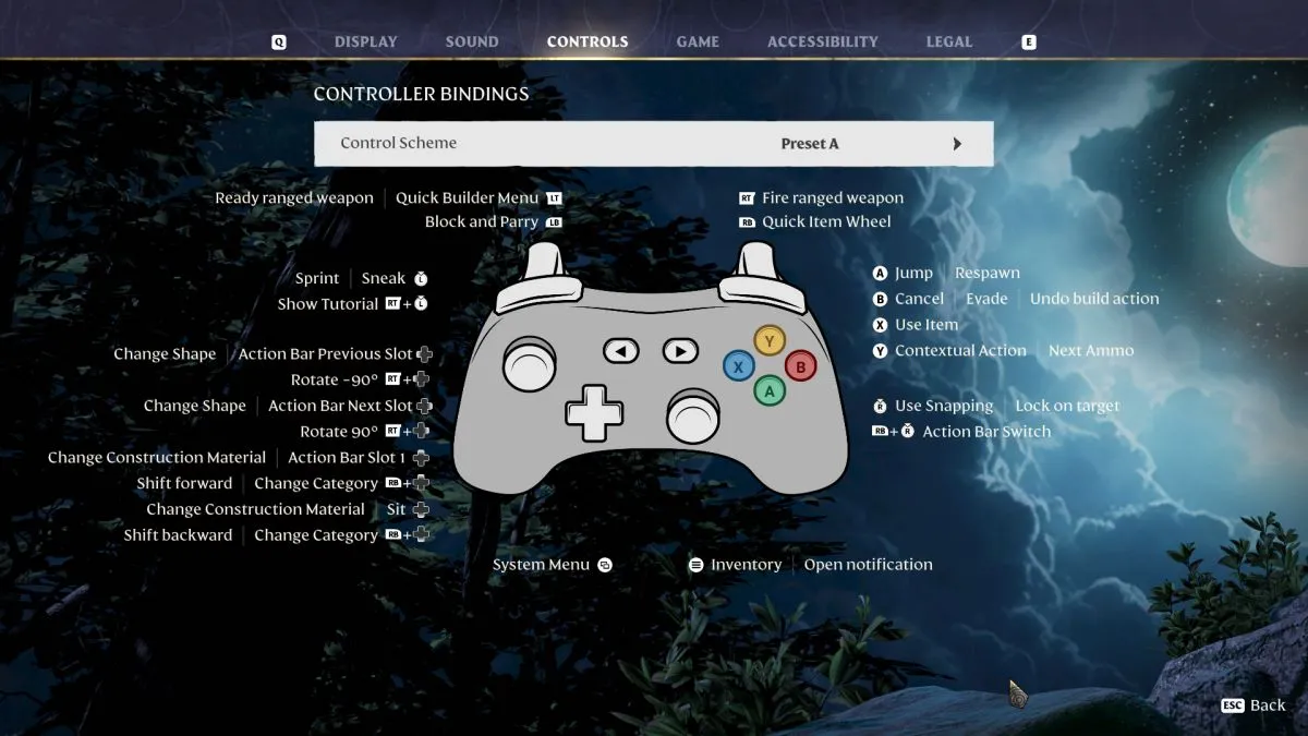 Commandes prédéfinies A pour Xbox dans Enshrouded