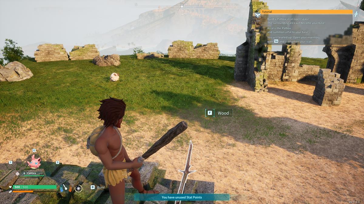 Un joueur tenant une hache de pierre dans une zone herbeuse de Palworld.