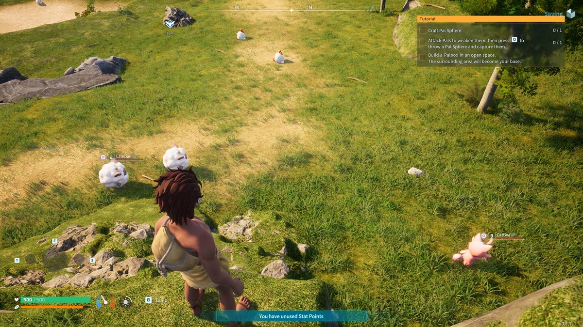 Joueur debout dans une pelouse de Palworld regardant des pierres au sol.
