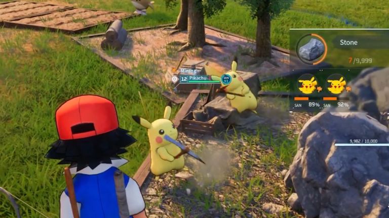 Pikachu mining stone in Palworld