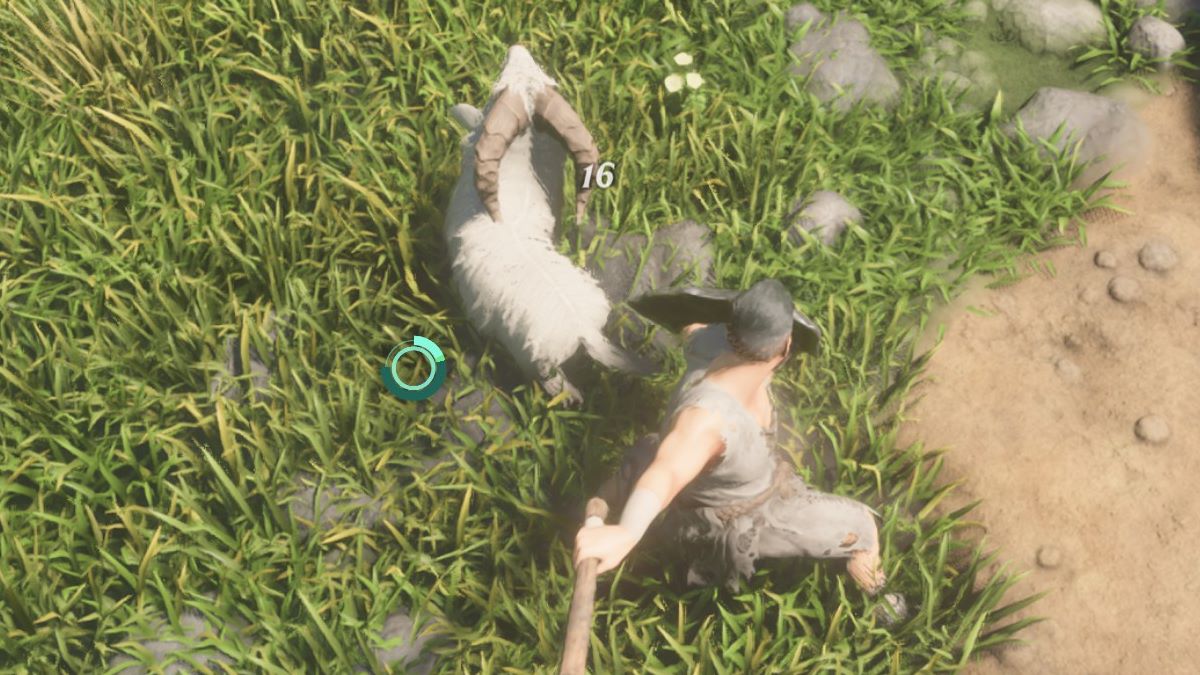 Le joueur frappant une chèvre dans Enshrouded