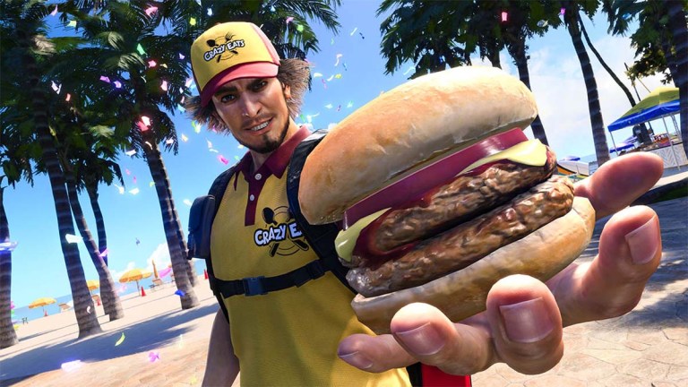 Ichiban Kasuga is holding a huge double cheeseburger in his hand