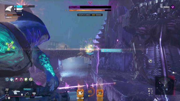 a massive humanoid shark with a minigun shooting at a boss enemy