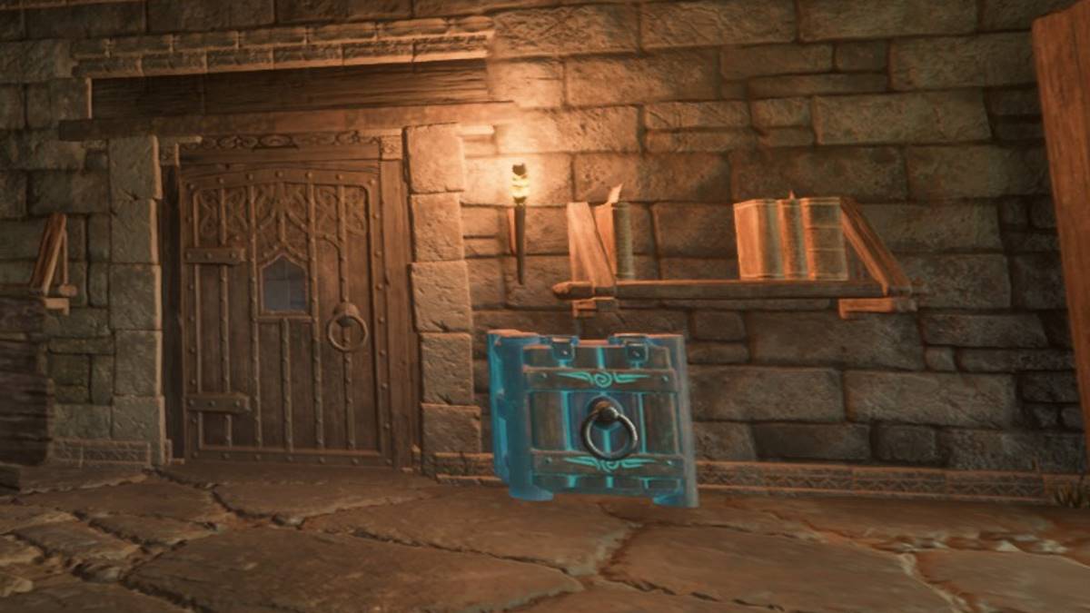 Un petit coffre magique à côté d'une porte dans Enshrouded