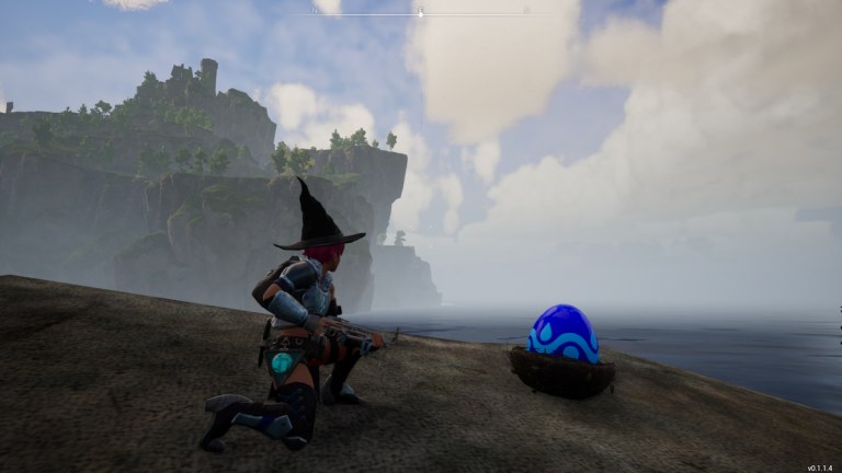 A Palworld character crouching next to a blue Damp Egg.