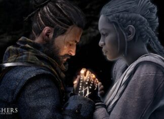 a bearded man in rugged clothing with rune markings on his hands lovingly clasps the hands of a transparent spectral woman with dreads