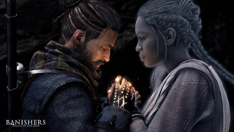 a bearded man in rugged clothing with rune markings on his hands lovingly clasps the hands of a transparent spectral woman with dreads