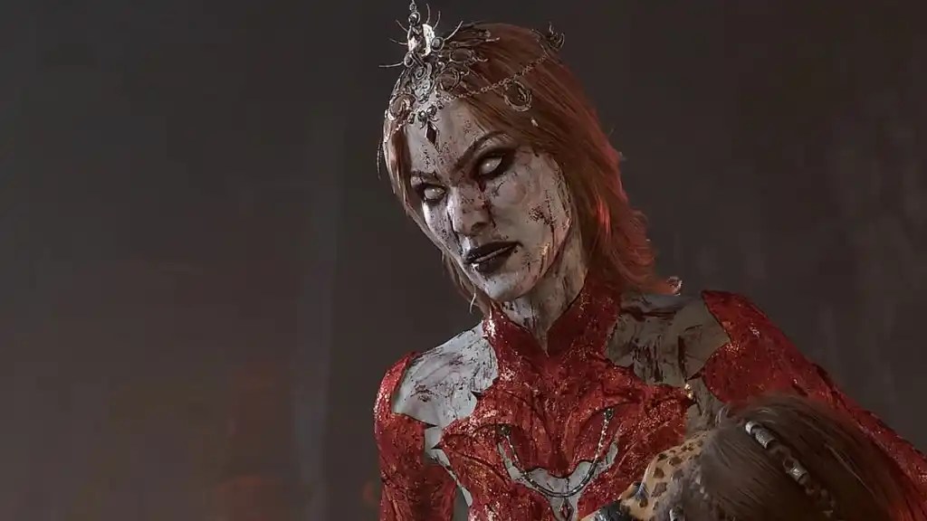 une femelle humanoïde mort-vivante avec des yeux à la peau pâle et des morceaux de chair rouge comme vêtements
