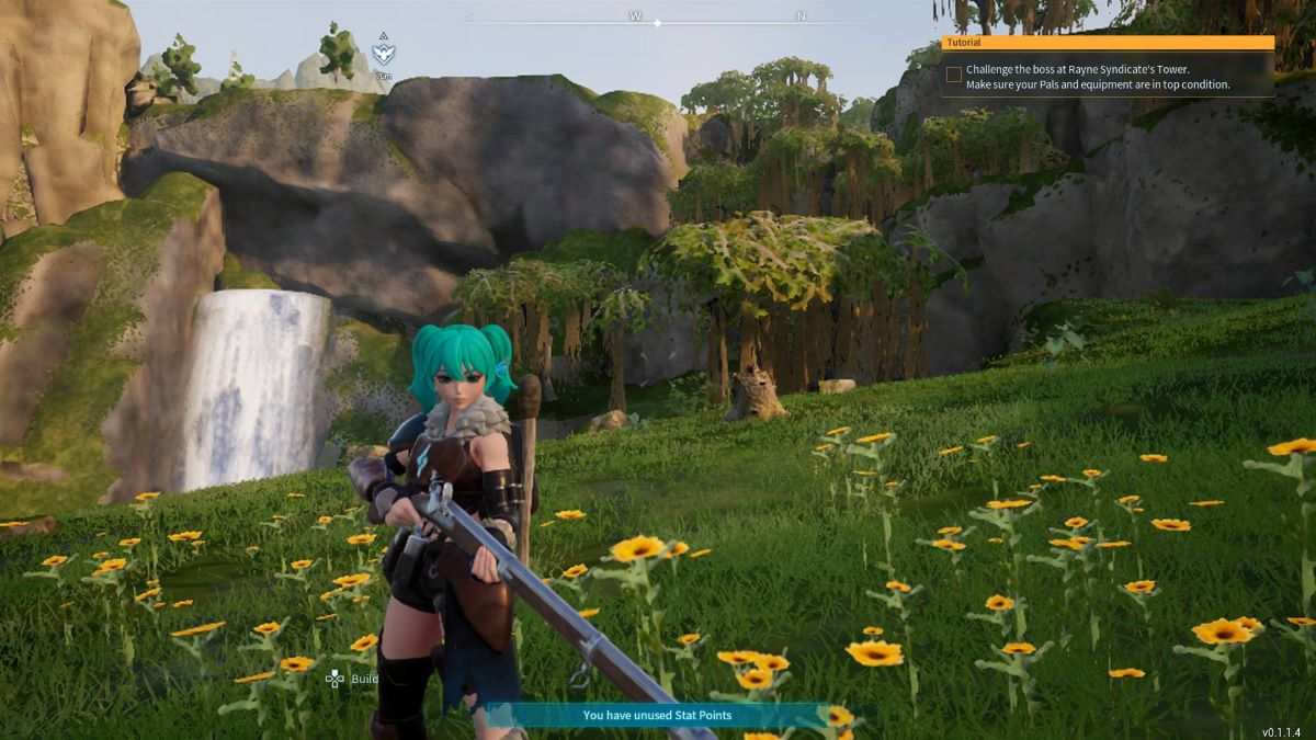 Le joueur se tient près d'une cascade dans Palworld