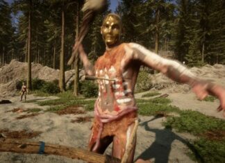 Cannibal with reed paint stripes wielding a club at the player in a forest.