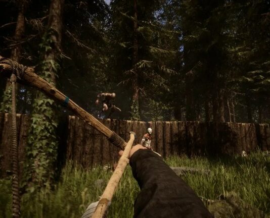 Player drawing back a bow and arrow, aiming over a wooden wall into the forest.