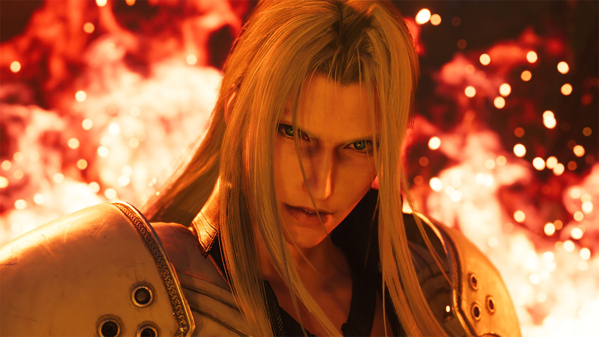 Sephiroth debout dans le feu dans Final Fantasy VII Rebirth