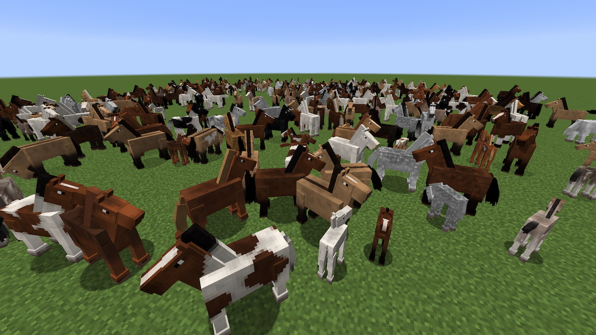 Un énorme troupeau de chevaux dans Minecraft utilisant le mod Realistic Horse Genetics.