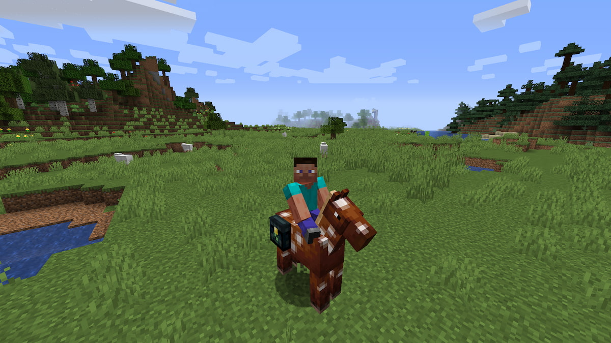 Un joueur Minecraft avec un coffre ancien équipé pour son cheval.
