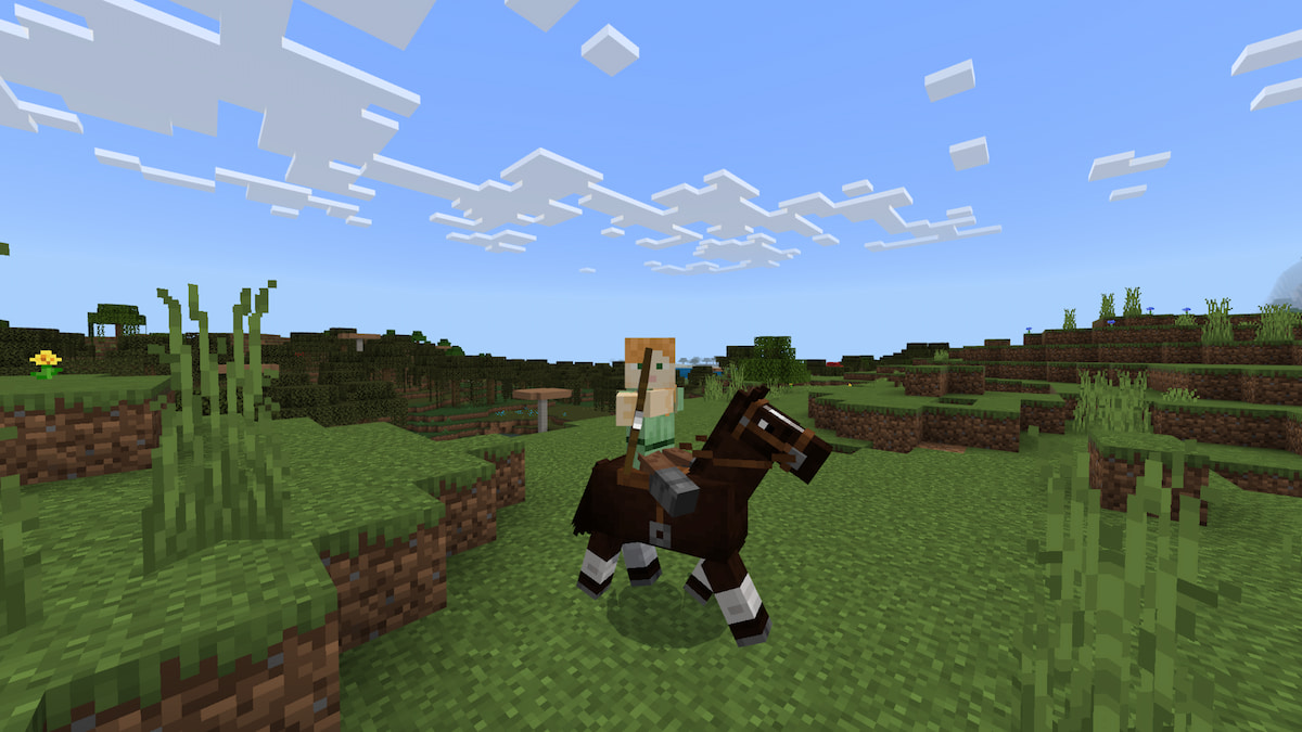 Un joueur de Minecraft tenant un arc tout en montant à cheval.