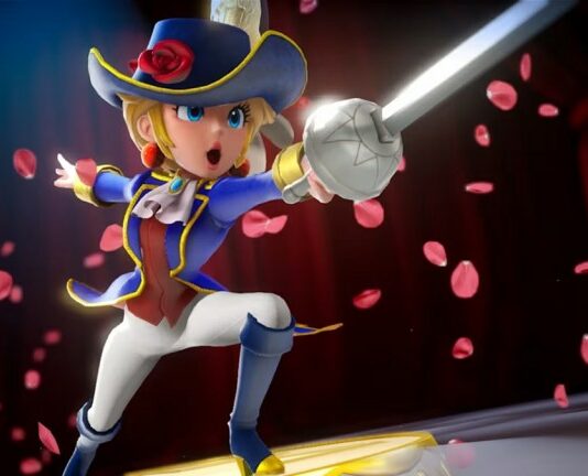 Princess Peach dressed with a sword and ready to fence