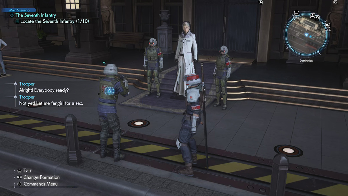Des soldats de la Shinra près d'une découpe de Rufus Shinra dans Final Fantasy 7 Rebirth