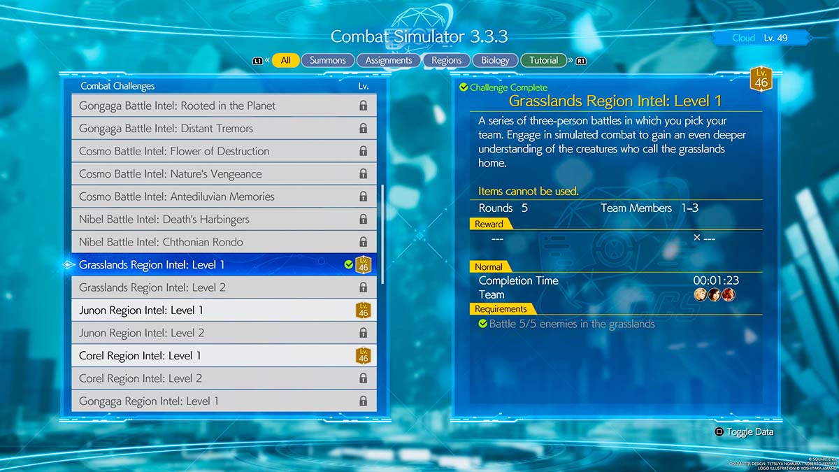 L’écran de défi Combat Simulator dans Final Fantasy VII Rebirth