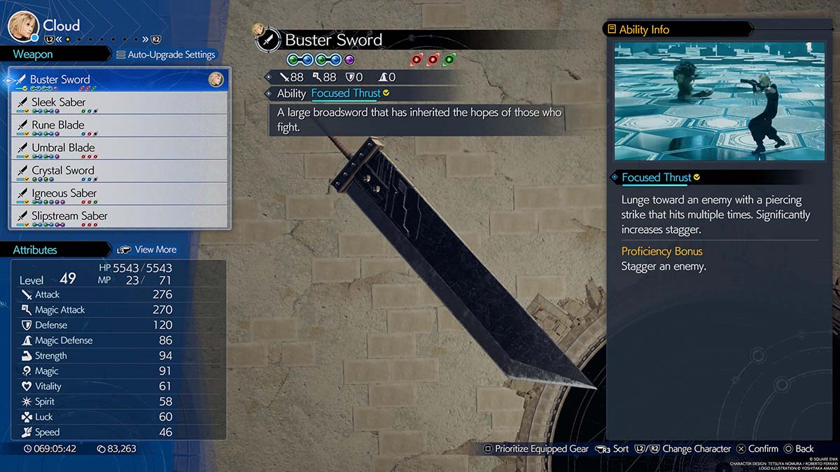 Un écran de menu d'armes dans Final Fantasy 7 Rebirth