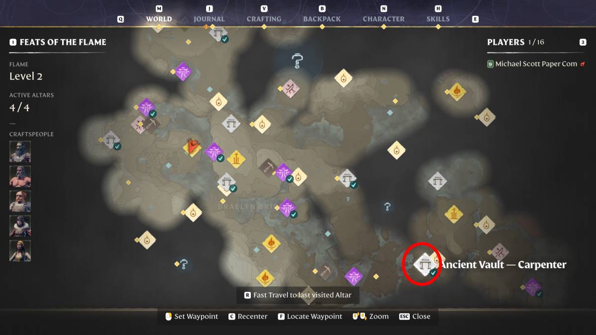 Une carte de l'emplacement de Carpenter Vault à Enshrouded