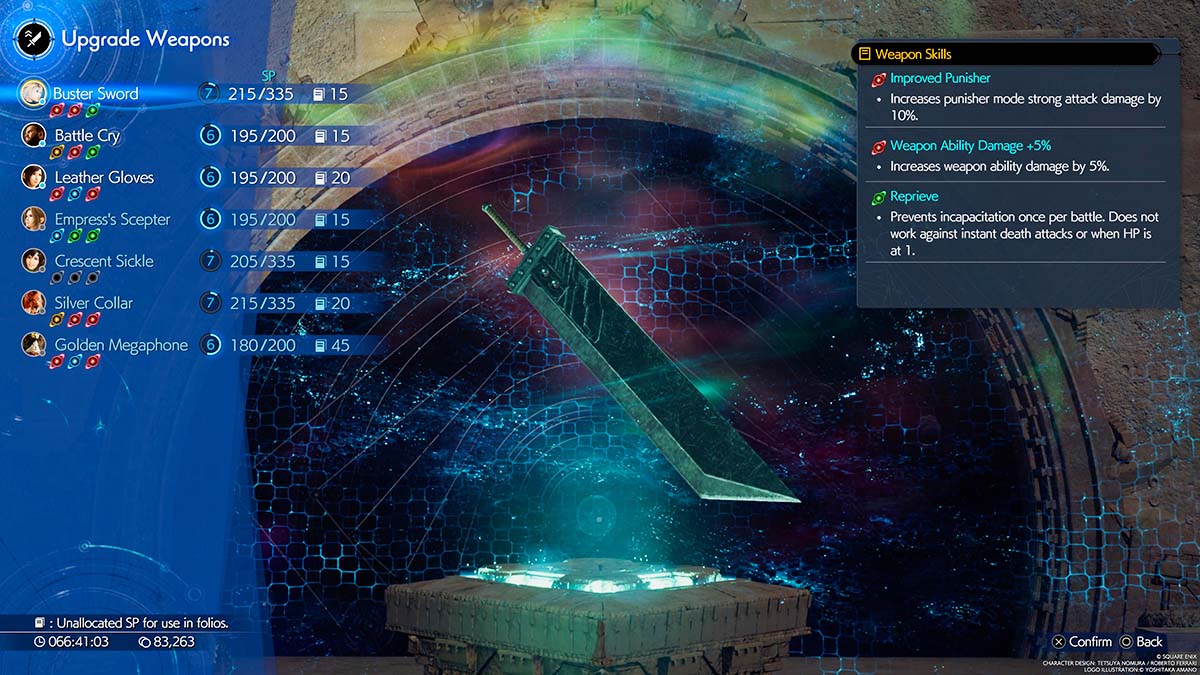 L'écran de mise à niveau des armes dans Final Fantasy 7 Rebirth