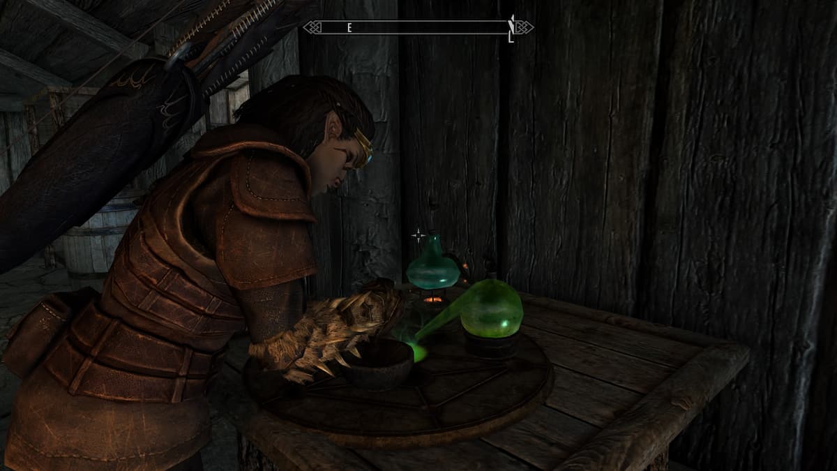 une guerrière en armure préparant des potions sur une table d'alchimie en pierre