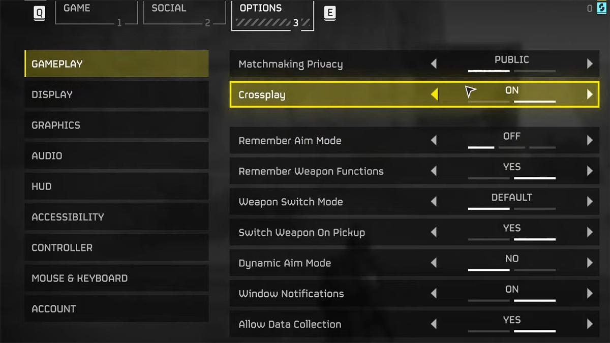 le menu d'options de Helldivers 2 présentant des options comme le jeu croisé
