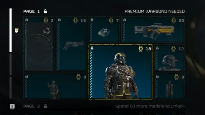 the premium warbond menu in helldivers 2 displaying various gear like weapons, armor, and grenades