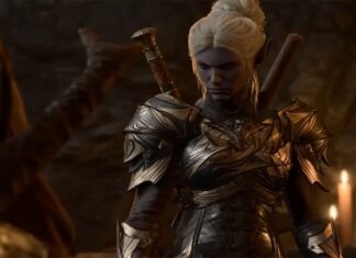 violet skin female dark elf warrior in armor
