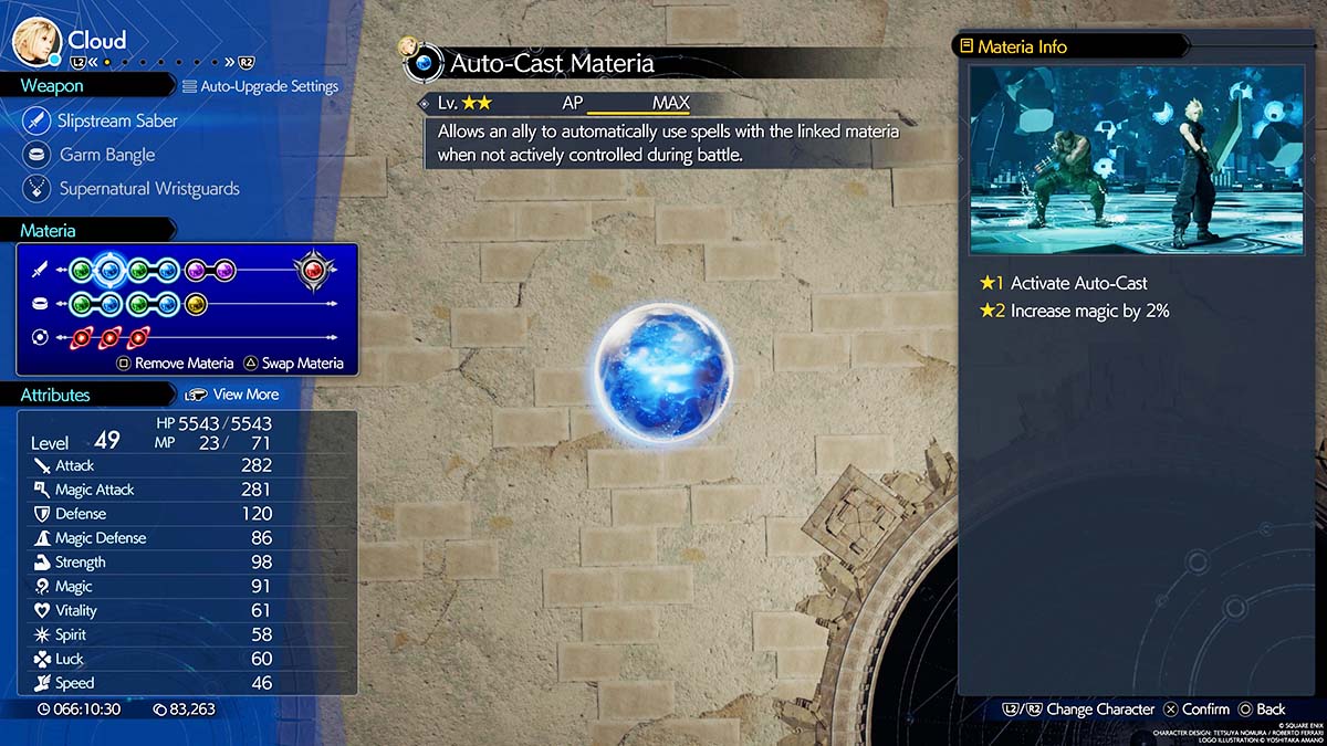 Un menu de combinaison de matériaux dans Final Fantasy 7 Rebirth