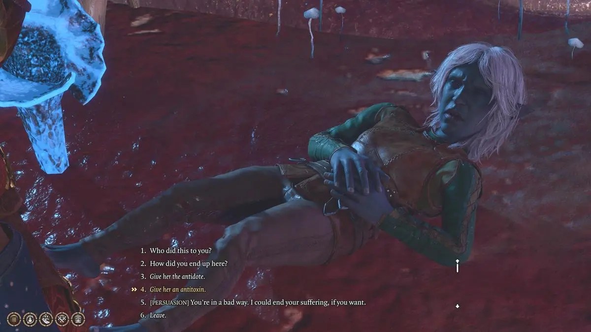 une femme gnome à la peau violette allongée sur le sol est blessée