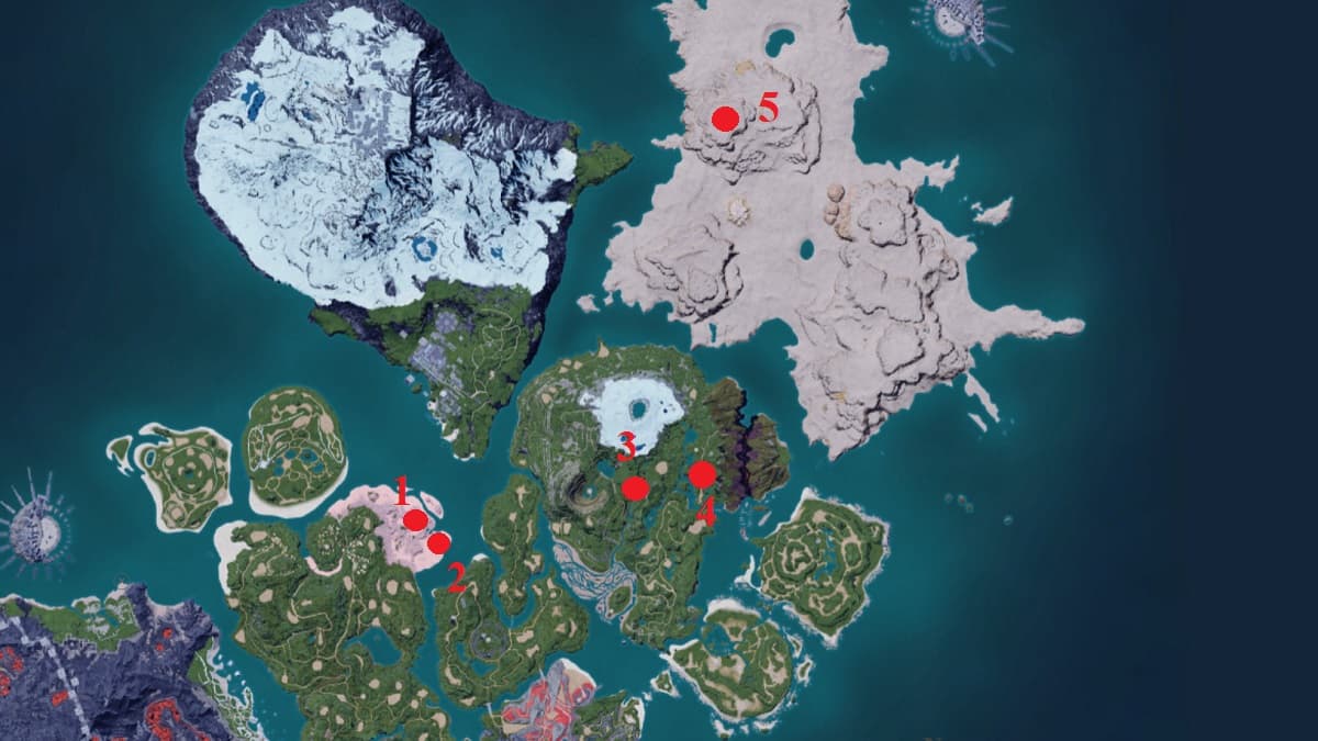 Carte Palworld avec les emplacements des nœuds de charbon marqués