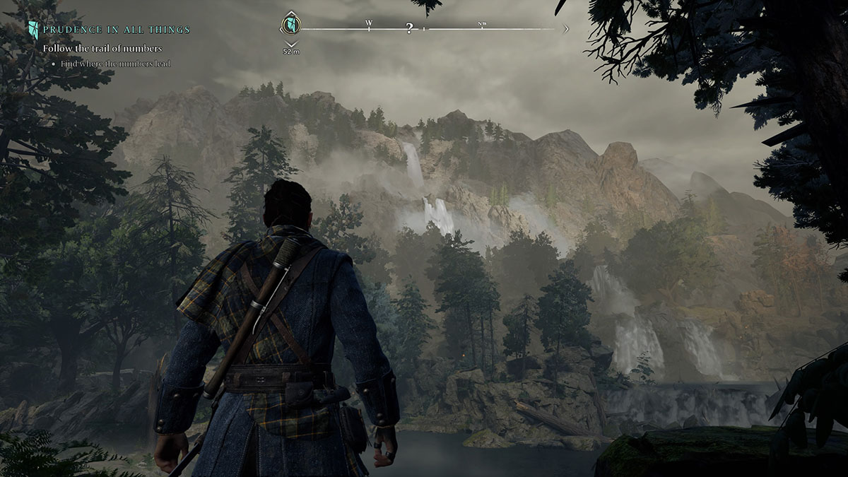 un homme regarde vers un paysage de montagne et de forêt