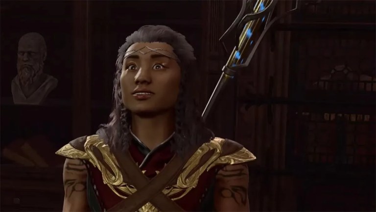 dark skinned female mage with a staff on her back in baldur's gate 3