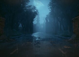 Arkham Asylum in fog at night from the perspective of a road lined with trees.