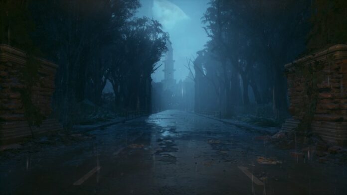 Arkham Asylum in fog at night from the perspective of a road lined with trees.